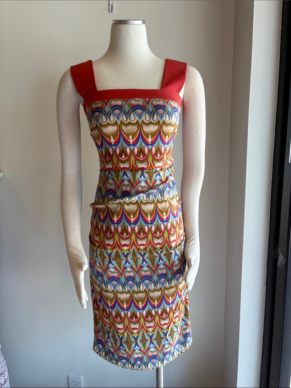 Nicole Miller Multicolor Geometric-Print Dress with Red Trim, Size 2
